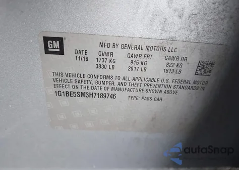 2017 Chevrolet Cruze Lt Auto z USA, uszkodzony, nr VIN 1G1BE5SM3H7189746